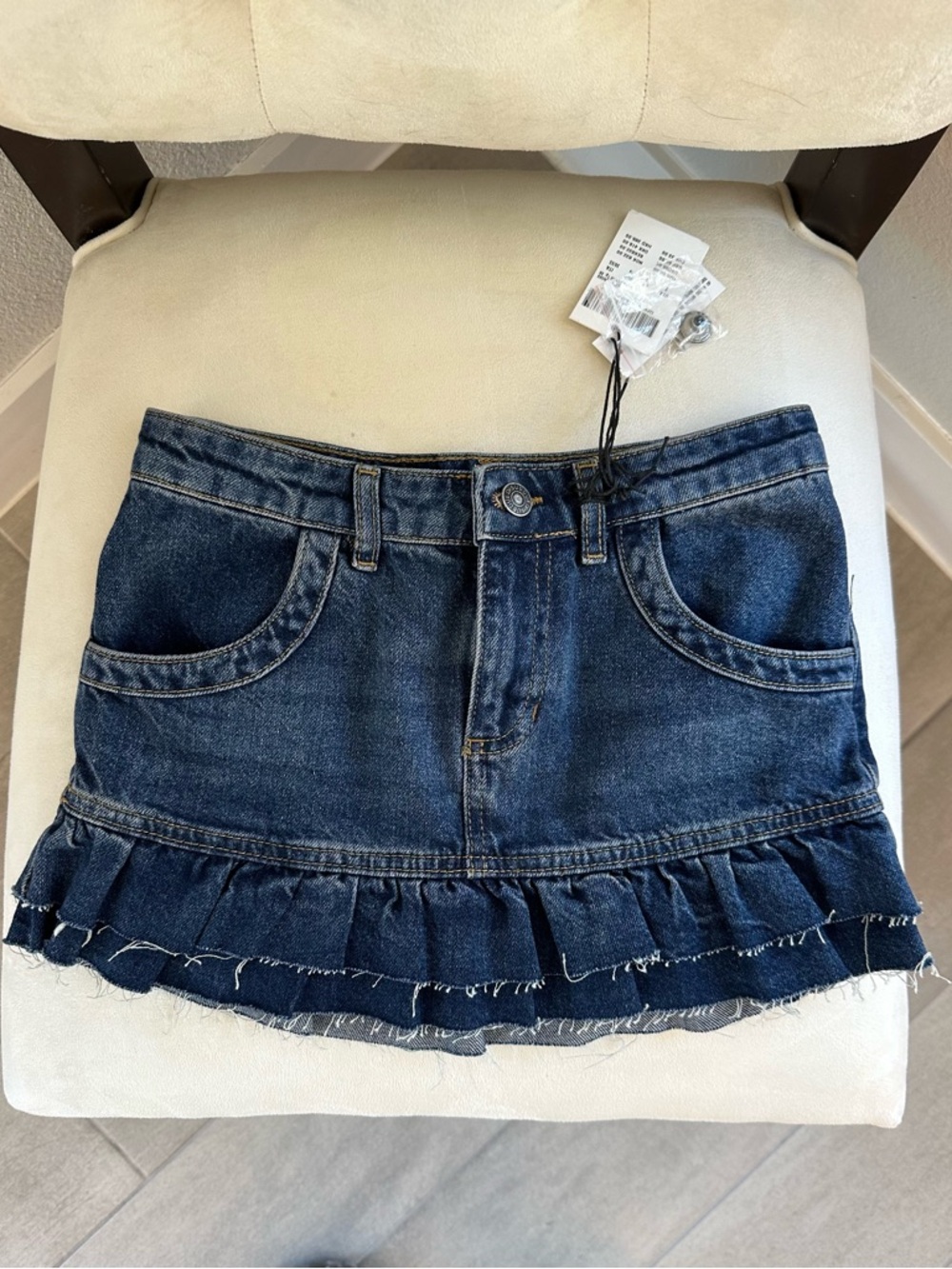 Subdued Dark Blue Ruffle Denim Mini Skirt
